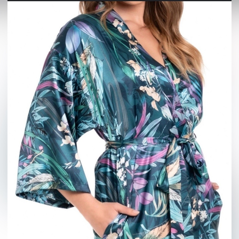 Women's Teal Floral Satin Kimono Robe with Tie Waist